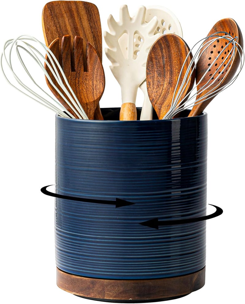 MIKIGEY Utensil Holder, 360° Rotating Extra Large Ceramic Kitchen Utensil Holder for Countertop, 7.3“ Cooking Utensil Crocks for Kitchen Counter with Rotatable Wooden Base, Farmhouse Decor, Dark Blue - Image 1